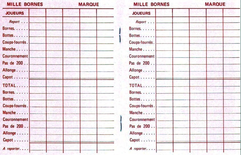 Mille Bornes Scoresheet Mille Bornes Scoresheet