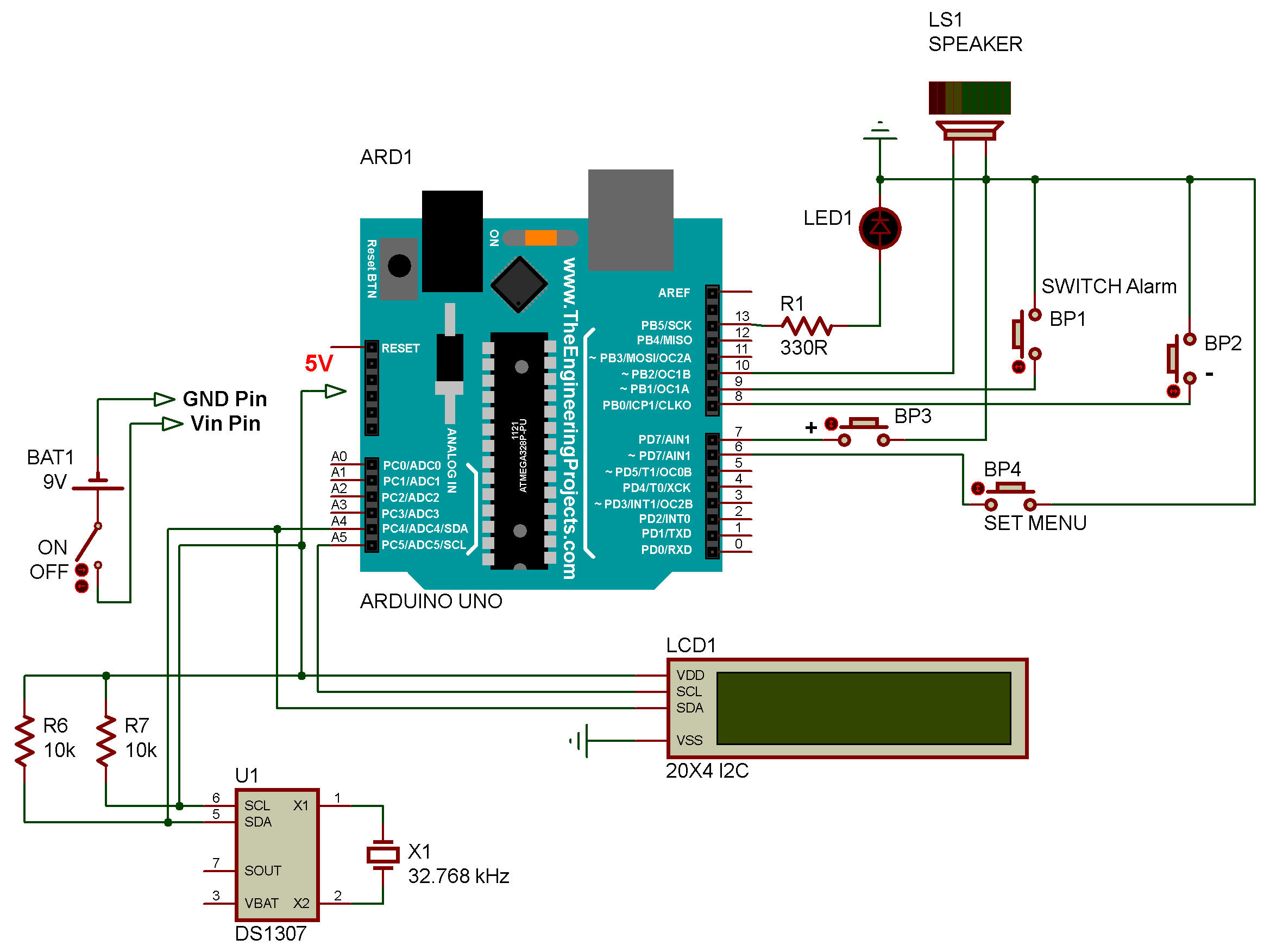 LCD 20x4 I2C Alarm Clock DS1307 / Arduino (Kuman / Keyestudio)